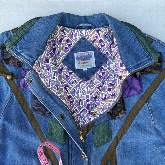 Vintage 80s 90s Current Seen Patchwork Floral Tapestry Blue Denim Jean Jacket - Picture 5 of 15